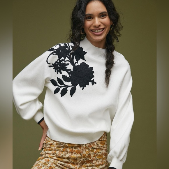 Anthropologie Sweaters - Anthropologie ‘Beatriz’ Mock-Neck Sweater Embroidered Floral